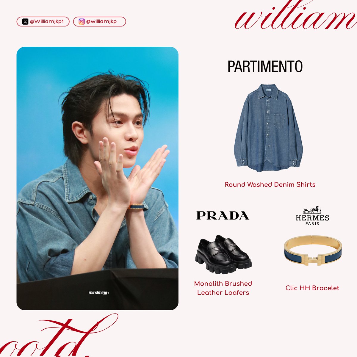 WilliamOOTD's tweet photo. |#WilliamOOTD|
WILLIAMEST WESLEY FNV
#GMMTVFANIVALxWilliamEst
🎸 @Williamjkp1
#PARTIMENTO
Round Washed Denim Shirts
@Prada
Monolith Brushed Leather Loafers
@Hermes_Paris
Clic HH Bracelet
📸 @_onmindmine
#williamjkp https://t.co/WqQu149kQa