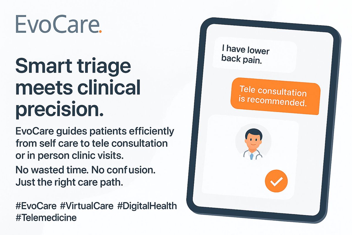Telemedizin's tweet image. Smart triage meets clinical precision

EvoCare guides patients efficiently from self care to tele consultation or in person clinic visits.
No wasted time. No confusion. Just the right care path.

#EvoCare #VirtualCare