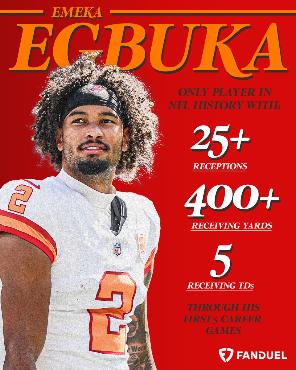FanDuel's tweet photo. Emeka Egbuka is already a star 🤩

First player in NFL history with these numbers through his first 5 career games 🔥 https://t.co/y1u44FzlFX
