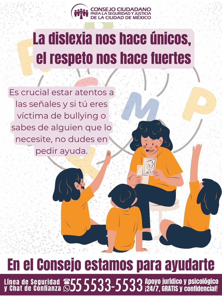 🔵 En el #DíaInternacionalDeLaDislexia, en #ElConsejo reconocemos que las barreras de aprendizaje pueden afectar la salud emocional. No estás solo: mereces comprensión y apoyo.

Recibe orientación psicológica y jurídica GRATUITA, confidencial y 24/7 en la #LíneaDeSeguridad y