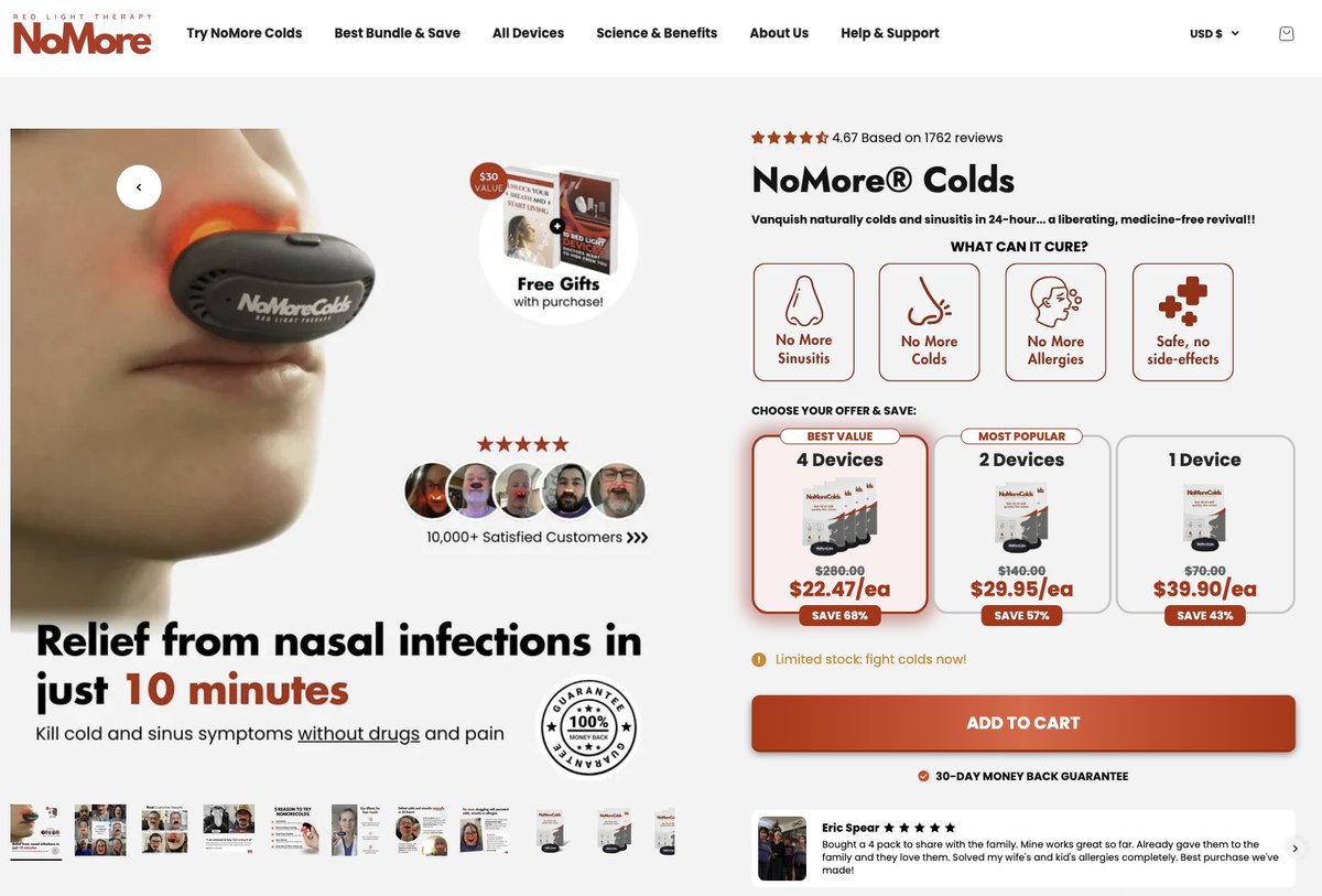 This brand is printing.  

From 30 to 363 launched ads in 1 month. 335 active ads. Old problem - getting sick, new mechanism - RED LIGHT THERAPY FOR NOSE = $$$ PRINTER