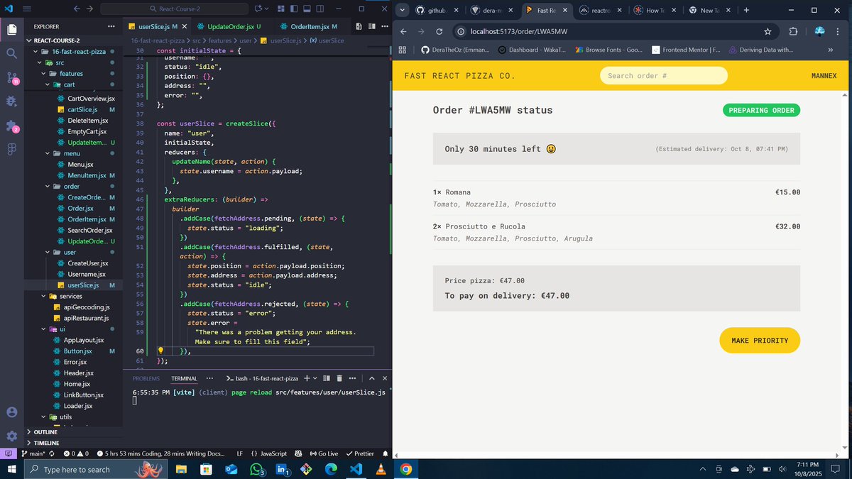 deraamaobi's tweet image. Here's what I did today,
• Updating cart quantities
• Using the cart for new orders
• Integrated geolocation
• Learnt about Redux thunks with createAsyncThunk
• Learnt how to fetch and update data without navigation using useFetcher
Project ✅
#100DaysOfCode #react