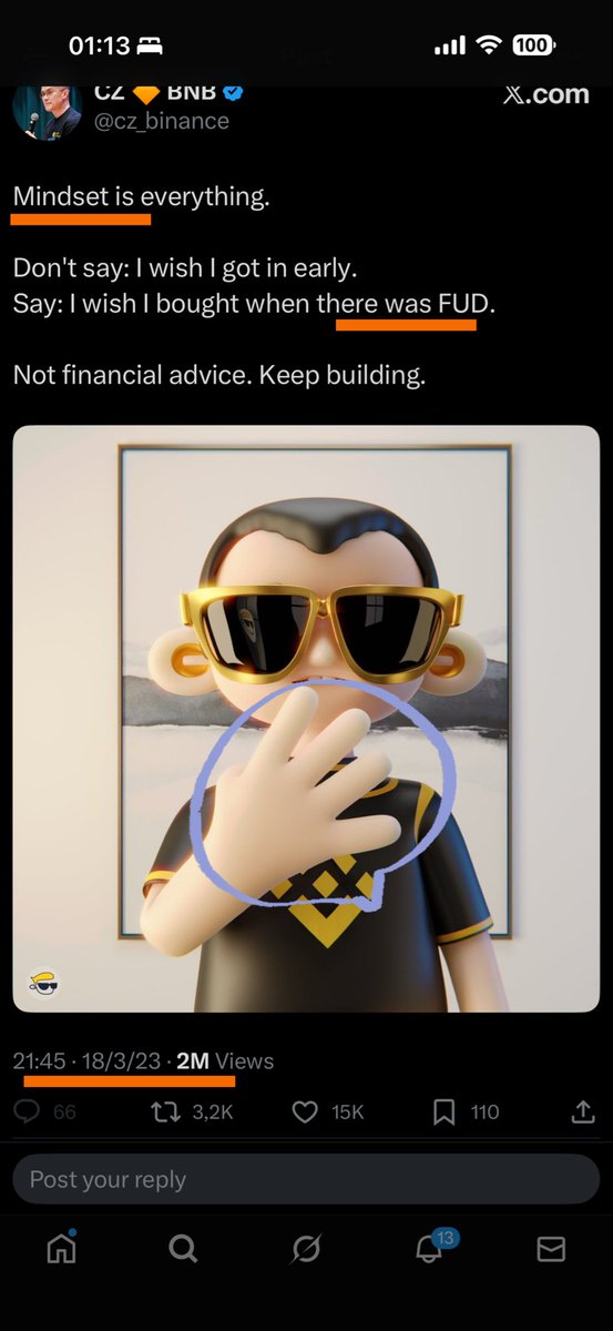 Sometimes, people do not even know much about 4 Cz Culture, no worries I will help you to find out, just go straight to official Cz X account, then find the keyword ‘fud’ on search engine located on top righ corner. Cz posted on 18/3/2023. Have fun guys. <a href="/cz_binance/">CZ 🔶 BNB</a> #Cz $Cz