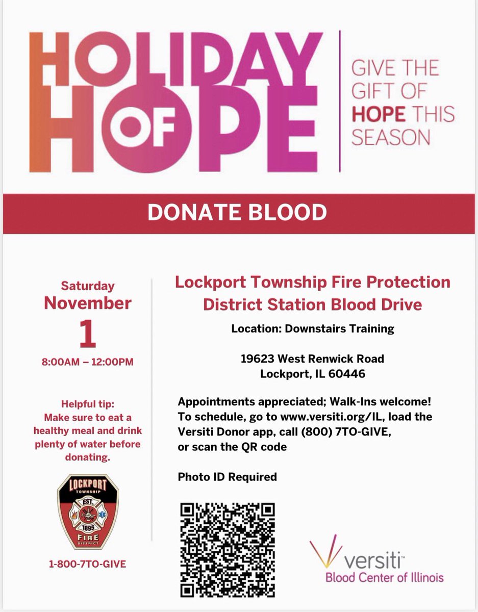 LockportFire's tweet image. It’s Blood Drive time!!! Flow the link to sign up and help give the Gift of Hope this season. 

donateblood.versiti.org/donor/schedule…