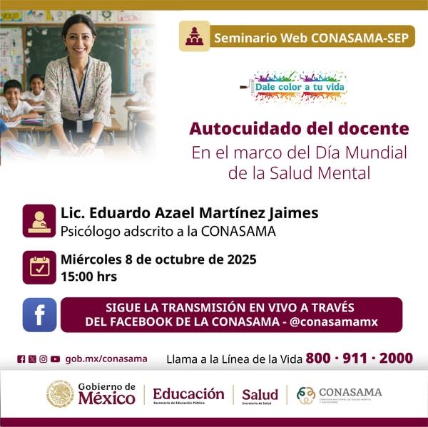 EPOEM_99's tweet photo. La EPOEM No. 99 le invita a la Conferencia: “Autocuidado del docente” en el marco del Día Mundial de la Salud Mental. 
Un espacio para fortalecer el bienestar y equilibrio emocional del personal docente.
 @SEP_mx 
@conasama 
@SEMSedomex 
@DEMSedomex
@dbg_epoem 
@SBg035 https://t.co/XnxLb7X1wu