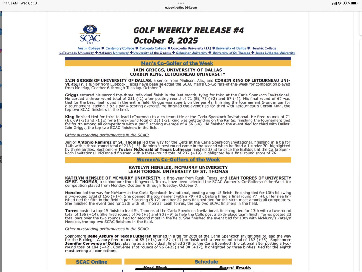 USTCeltsGolf's tweet image. Congratulations to Leah Torres on being named the SCAC co-player of the week 💪 and to Antonio Ramirez on his outstanding performance 👌 @USTCeltsGolf 🏌️‍♀️🏌️‍♂️⛳️ @USTAthletics @stthomashouston #GoCelts⛳️💪