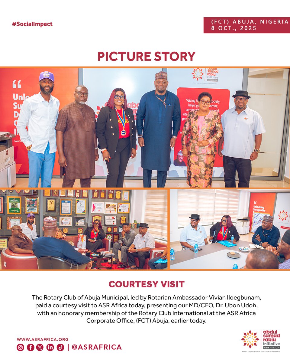 AsRafrica's tweet photo. The Rotary Club of Abuja Municipal, led by Rotarian Ambassador Vivian Iloegbunam, paid a courtesy visit to ASR Africa today, presenting our MD/CEO, Dr. Ubon Udoh, with an honorary membership of the Rotary Club International - at the ASR Africa Corporate Office, (FCT) Abuja, earlier today.

The occasion also served as a platform to explore potential partnership areas, focusing on enhancing healthcare delivery and impactful social development initiatives in Nigeria and across Africa.

cc. @RotaryAbujaMunc @Rotary @BUAgroup 

#ASRAfrica #SocialDevelopment
