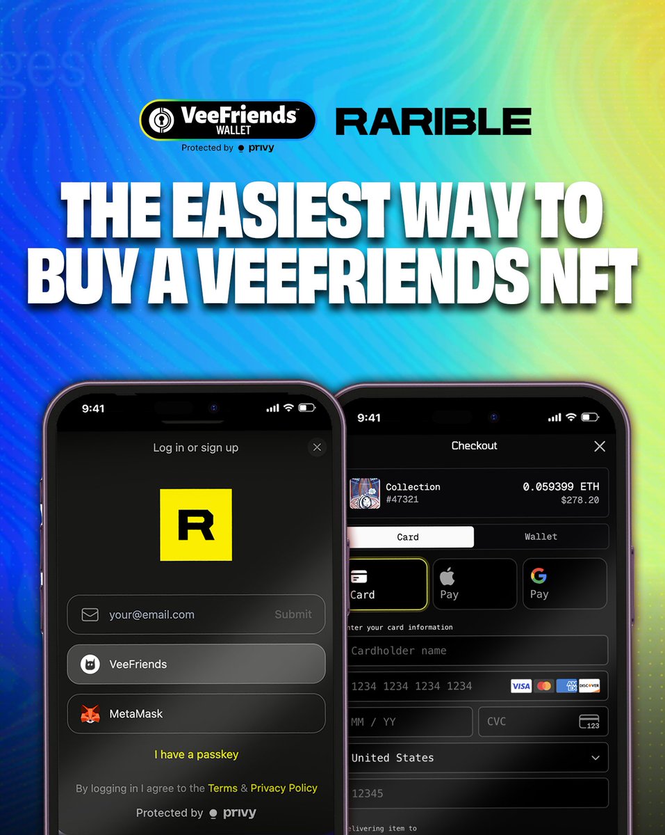 Not only did Rarible launch Storefronts today, with VeeFriends as the debut brand, but you can now also use your VeeFriends Wallet to purchase VeeFriends NFTs on Rarible with your credit/debit card, Apple Pay, or Google Pay.

It’s the easiest way to buy a VeeFriends NFT.

2/9