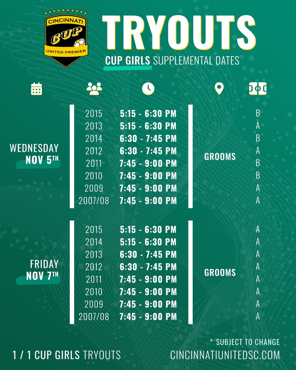 CUP Girls Supplemental Tryouts starting soon! Don't miss out! 🔥⚽

Looking to join CUP and not currently in CUSC?

playmetrics.com/signup?clubTok…

If you are in CUSC we will utilize our internal communications &amp; evals of your son or daughter so there is no need to fill this out.