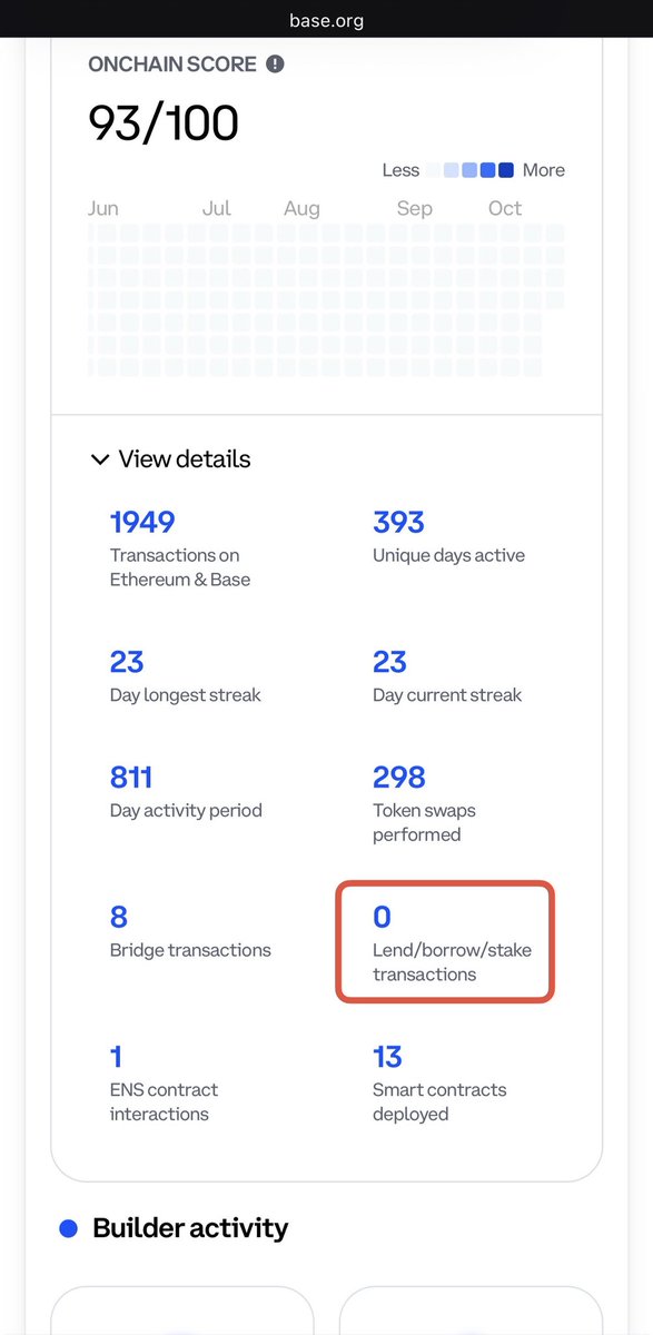 Does someone know how to get the onchain score for lend/borrow/stake?
I used Aave and Morpho several times on <a href="/base/">Base</a> but it seems those don't count. 🤔

Maybe <a href="/jessepollak/">jesse.base.eth</a> could quickly jump in?
