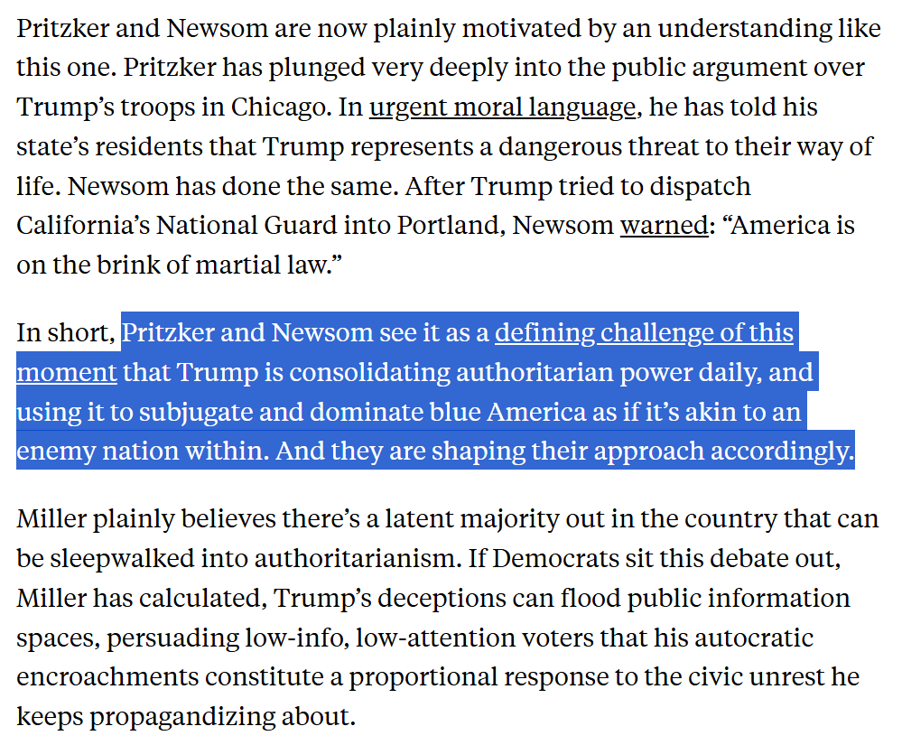 This powerful JB Pritzker response to Trump's lawless threats is another reminder of what I tried to argue this morning: Pritzker understands Stephen Miller's theory of this moment, and he's responding accordingly:

newrepublic.com/article/201453…
