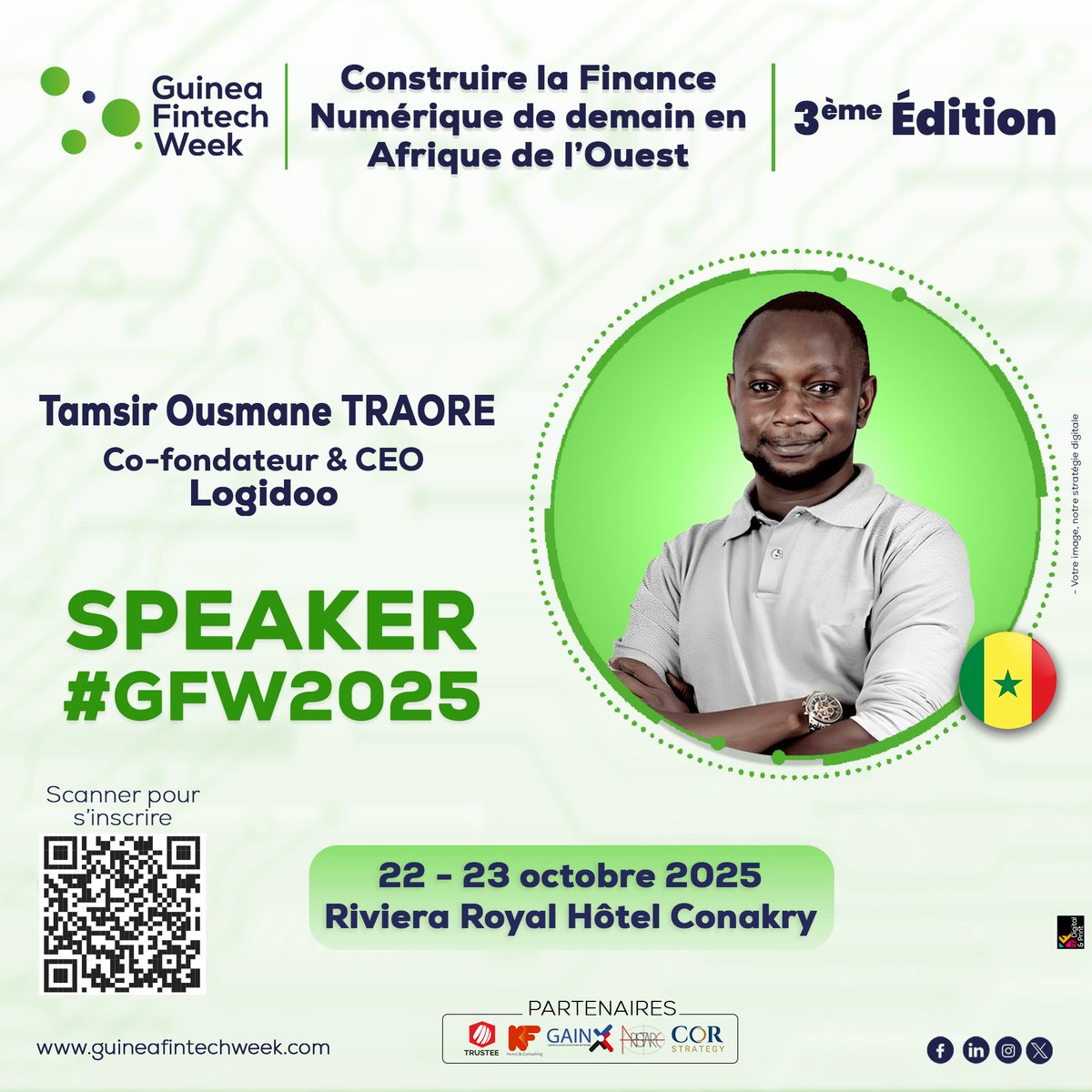 Tamsir Ousmane TRAORÉ, Co-fondateur &amp; CEO de Logidoo, partagera son expérience sur la digitalisation de la logistique et son impact sur l’intégration économique.

📅 22–23 Oct 2025
📍 Riviera Royal, Conakry
🔗 guineafintechweek.com

#GFW2025 #ZLECAf #TradeTech #Logidoo