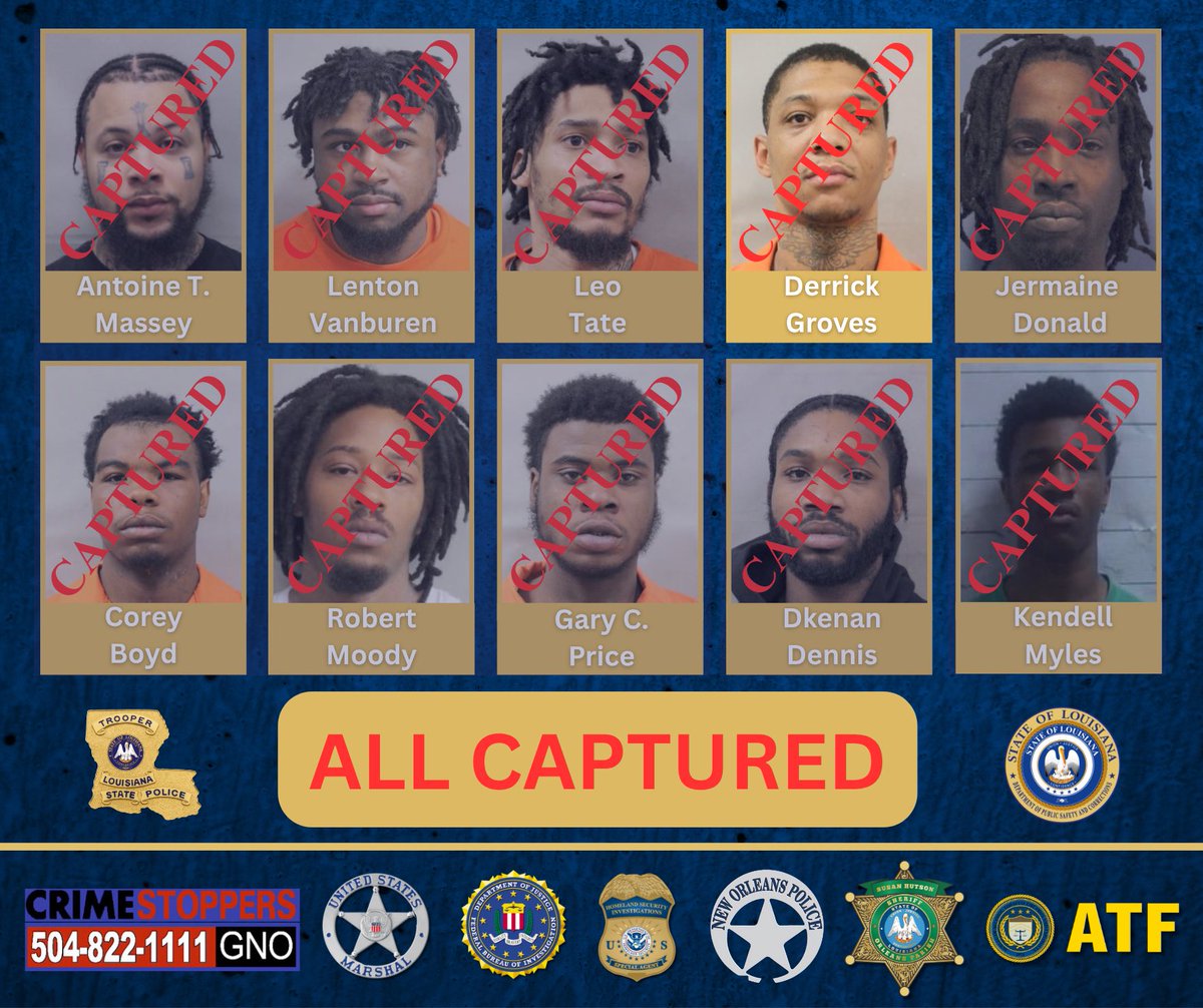 After a coordinated multi-agency effort involving Crimestoppers GNO, U.S. Marshals, FBI, HSI, LSP, OPSO, NOPD, APD, and others, 28-year-old Derrick Groves—one of 10 inmates who escaped Orleans Parish Prison on May 16—was apprehended in Atlanta, GA, after a brief standoff.