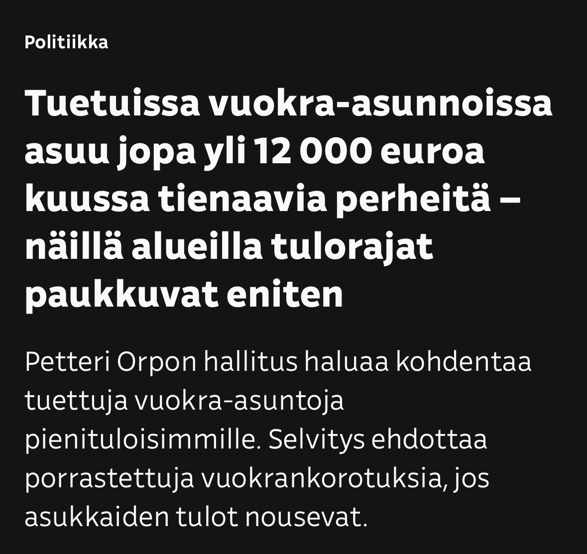 Kesällä julkaistun selvityksen mukaan Helsingin kaupungin vuokra-asunnoissa asuu paljon hyvätuloisia. Lauttasaaressa, Kalasatamassa ja Kampissa jopa kolmasosa vuokralaisista on hyvätuloisia.

Tämä on veronmaksajien varojen väärinkäyttämistä!