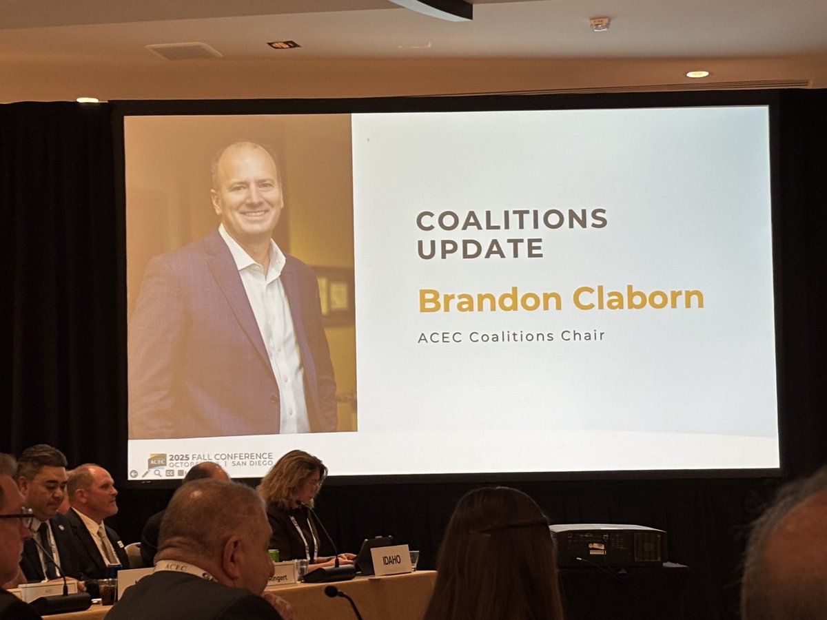 ACECOKLAHOMA's tweet photo. ACEC OKLAHOMA’s National Director Brandon Claborn was busy at the annual Fall Conference in San Diego.  Presenting before the full board meeting and awards ceremony for ACEC Coalitions!  Learn more about ACEC Coalitions @ https://t.co/lTHRGhPCg8.   @WSBEngineering https://t.co/y79gsxVzut