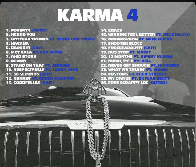 👤DAVE EAST👤

💿KARMA 4💿

◽️COVER AND TRACKLIST◽️

FEATURES:

◻️NIPSEY HUSSLE 
◻️STOVE GOD COOKS
◻️WIZ KHALIFA
◻️LARRY JUNE
◻️MOZZY
◻️KEY GLOCK
◻️JEREMIH
◻️NICOLAS CRAVEN
◻️HARRY FRAUD
◻️MAINO
◻️NEEK BUCKS
◻️RELL
◻️CRUCH CALHOUN
◻️KEEN STREETZ
◻️SKYLER BLATT

🚨OCTOBER 15TH🚨