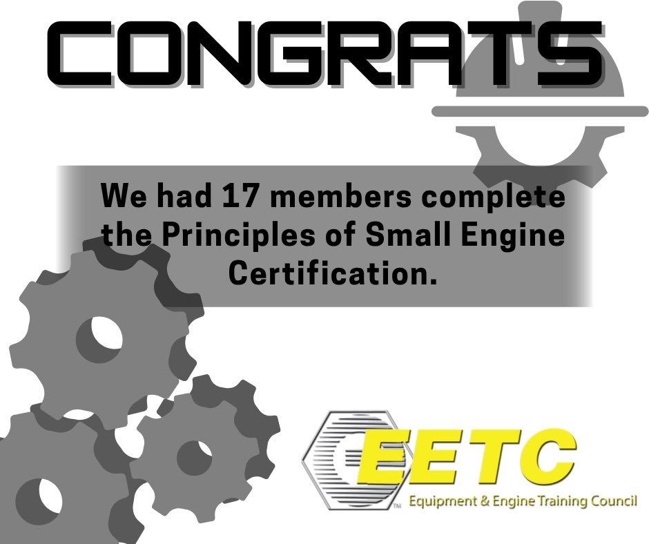 Congratulations to 17 of our Agriculture Power and Equipment students who passed their Principles of Small Engine Certification Exam!