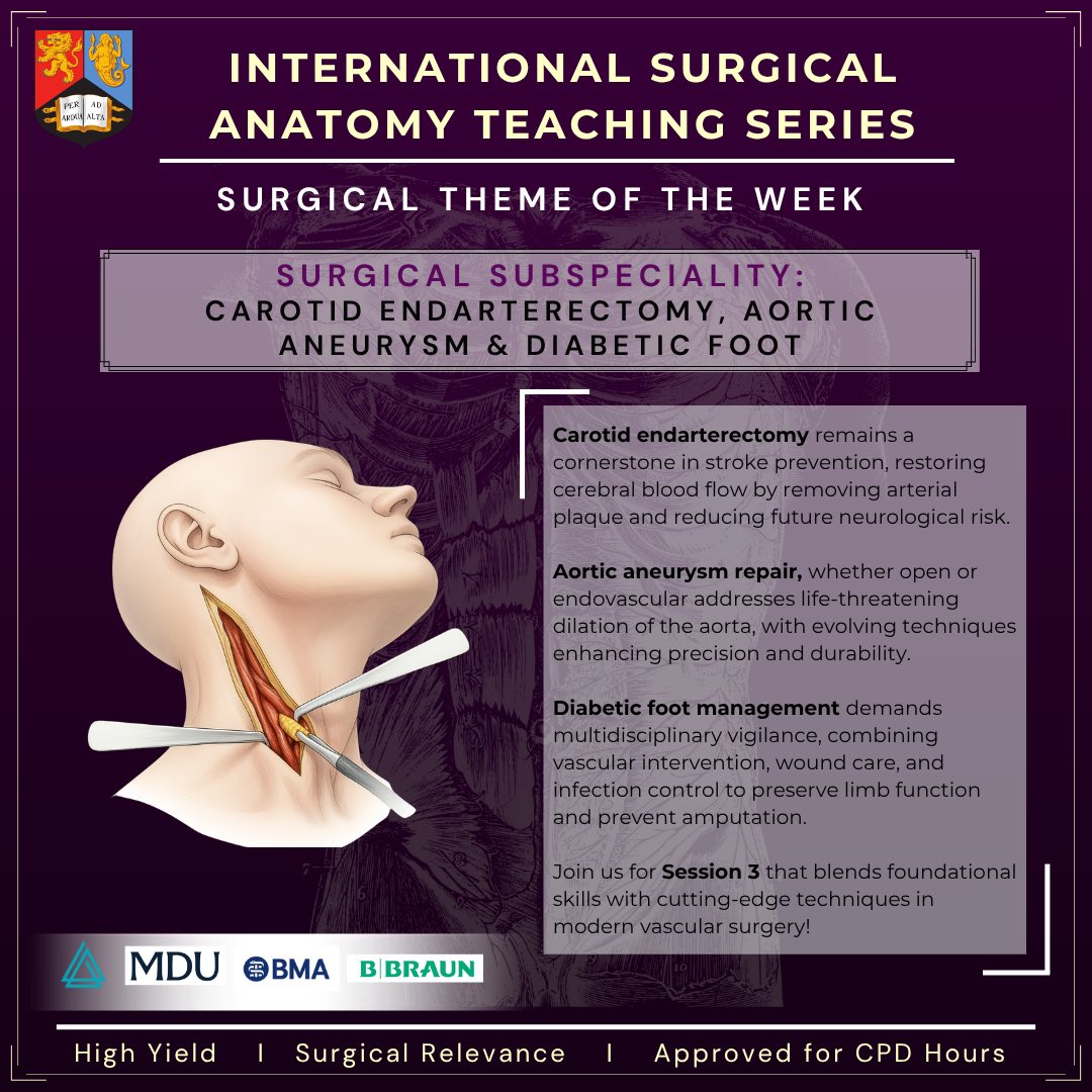 ✨ Session 3: Vascular and Vascular Surgery

🗓️ Wednesday, 15th October 2025
🕕 5:50 PM – 8:00 PM BST
🔹 Part 1: Near‑peer teaching
🔹 Part 2: Surgical application by Mr. Shiva Dindyal, Consultant Vascular &amp; Endovascular Surgeon at Basildon and Thurrock University Hospitals.