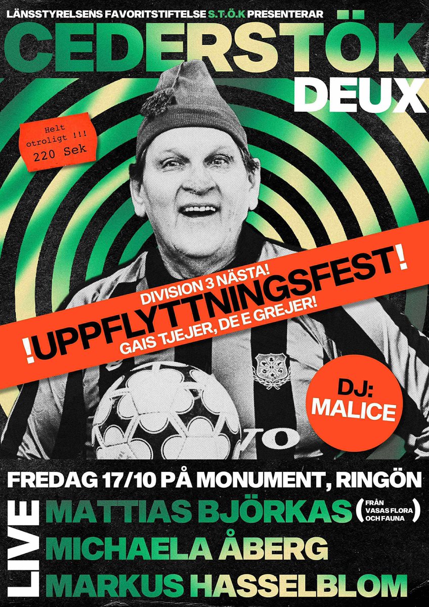 Cederstök Deux! 17 oktober, köp biljett nu, fira damerna och stötta grönsvarta kulturyttringar!
tickster.com/se/sv/events/m…