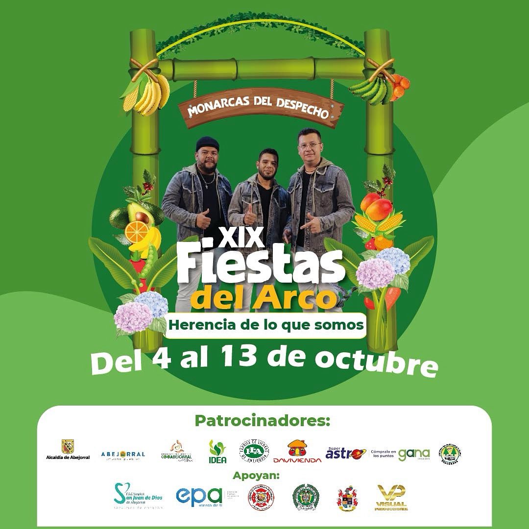 Nuestras #FiestasDelArco son el escenario perfecto para todo nuestro talento local: Este sábado 11 de octubre desde las 4:00pm Hermyn Bernal y los Monarcas del Despecho se unen a nuestro cartel de aristas para también rendir tributo en el #DíadelCampesino 
¡Te esperamos!