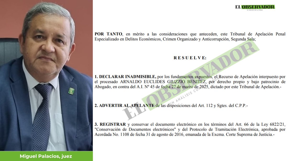 observapy's tweet photo. #Berilo🟩El Tribunal de Apelación Penal, Primera Sala, rechazó la recusación presentada por el acusado Yamil Ramón Cabañas Santacruz , confirmando en la causa al juez penal de garantías Miguel Ángel Palacios.
🟩La Cámara advirtió al acusado, hermano de Reinaldo "Cucho" Cabaña, que tiene la obligación de litigar con buena fe.