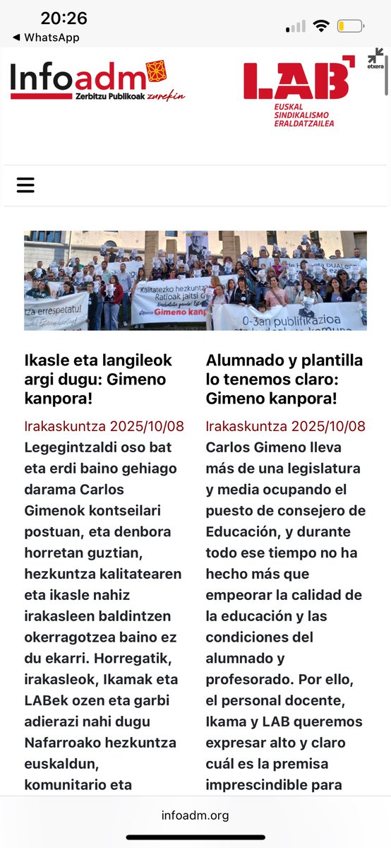 Me ocurre con LAB lo que al Dr. Crowe en el Sexto Sentido, estoy muerto desde el principio. Sus propuestas son los escraches, las pancartas e insultos, sin anestesia. Contribuir a la mejora educativa, consensuar  y acordar, pura ficción. Si te toca aunque te quites. Que sigan …