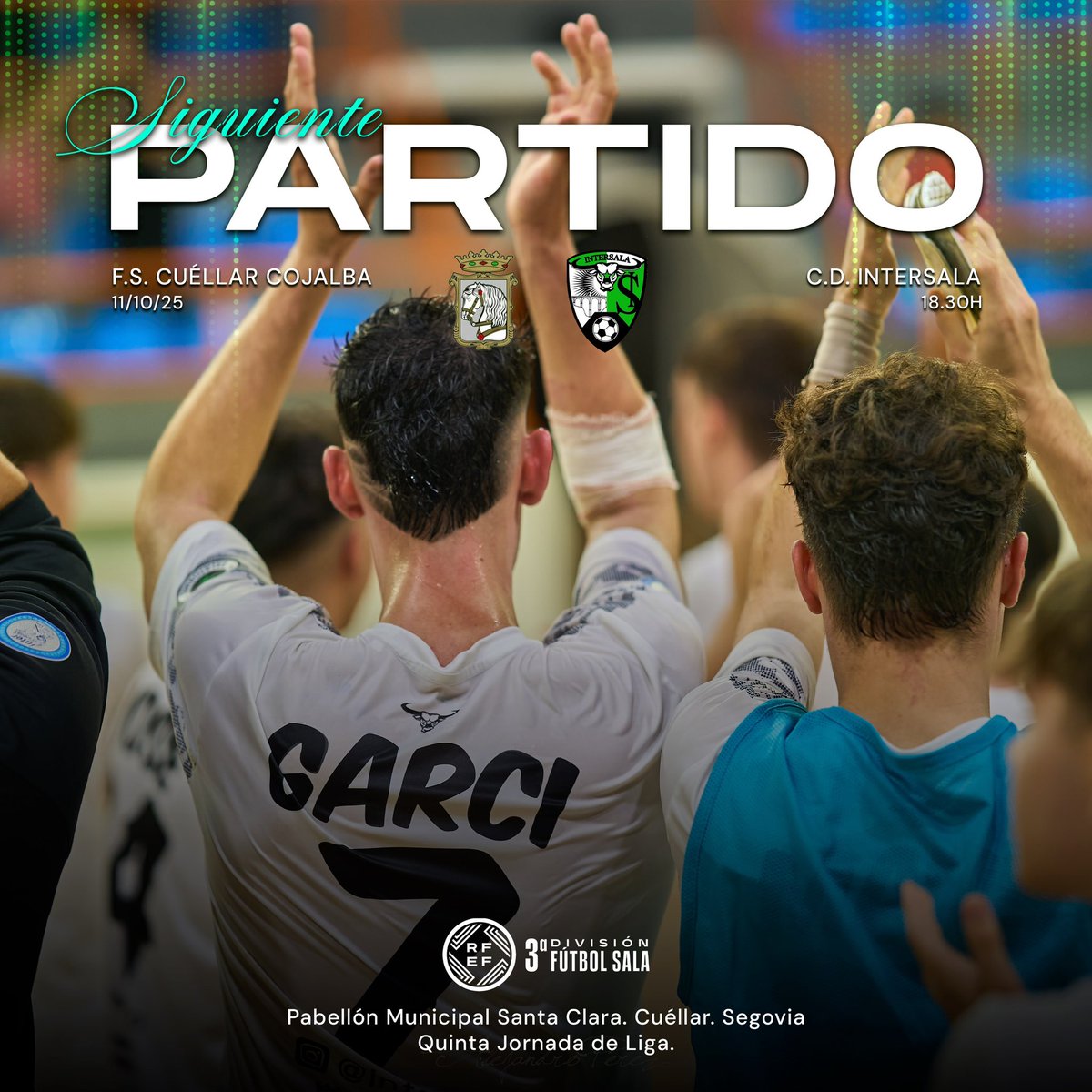 Iewarriors's tweet image. ⚽ ¡DÍA DE PARTIDO! ⚽

🆚 F.S. Cuéllar Cojalba
🕕 18:30h
🏟️ Pabellón Municipal Santa Clara (Cuéllar, Segovia)
📅 11/10/25
📊 5ª Jornada de Liga – 3ª División Fútbol Sala

#Intersala 💚
#VamosInter 💥
#Futsal