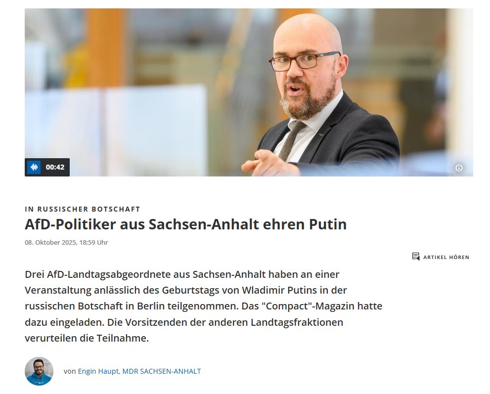 Three AfD lawmakers from Saxony-Anhalt attended Putin’s 73rd birthday celebration at the Russian embassy in Berlin, organized by the pro-Kremlin magazine Compact. The event praised Putin as a “patriot,” and AfD leaders later said the MPs acted independently.