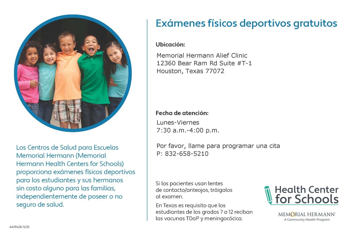 Great News!
The Memorial Hermann School-Based Clinic is now available to ALL Alief ISD students. 
Services Offered (see attached flyers)
Campus nurses can now refer students for the following services:
💉 Immunizations –Required school vaccines 
📋 Sports Physicals – Required for