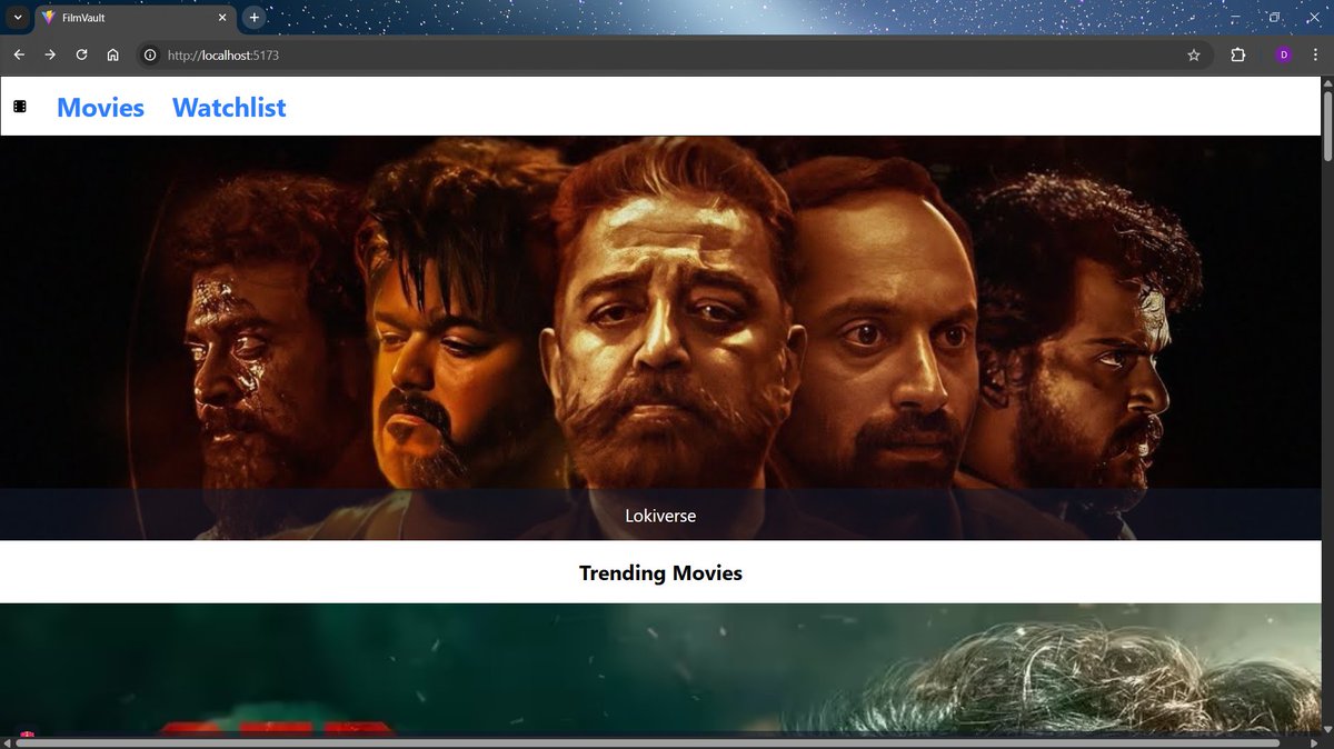 Dhananjay_R_26's tweet image. Day 63-64 of #CodeWithConsistency
✅ Revised Array and Solved questions on leetcode
👉 Builded FilmVault using React and tailwindcss
               where we can see Trending movies and we can add it to watchlist
#Java #React #buildinpublic #DSA #WebDevelopment