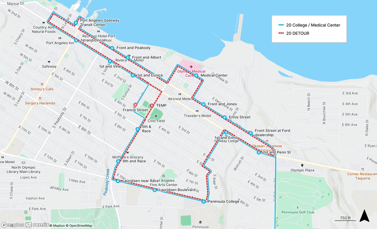 ClallamTransit's tweet photo. Reminder: Route #20 detour in effect September 29th until further notice due to street closures.. More Details at https://t.co/Lg1O3BOft5 https://t.co/IfluDE90IN