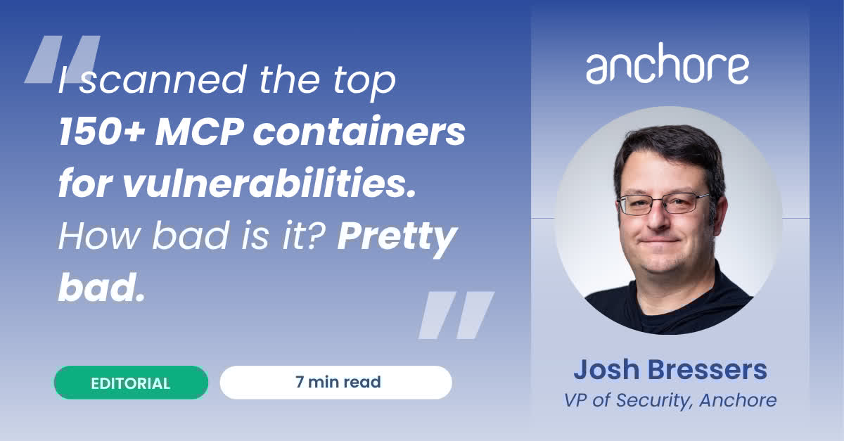 anchore's tweet image. Your MCP server might be the weakest link—here&apos;s the data. @josh.bressers.name scanned 161 MCP images and found 9,000 vulns / 263 criticals. Read the breakdown and fixes: anchore.com/blog/analyzing…

#MCP #SoftwareSupplyChain #ContainerSecurity #DevSecOps
