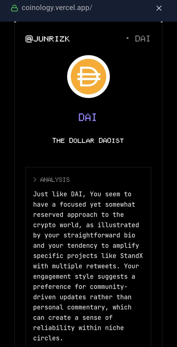 junrizk's tweet image. According to my twitter data, I give $DAI vibes.
Bullish?
Try Coinology on app.vana.com. #datarevolution @vana