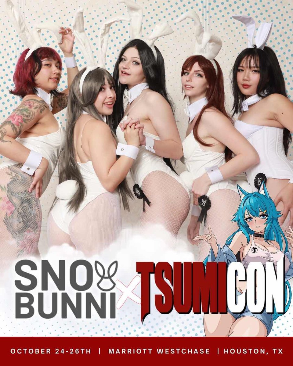 TsumiCon's tweet photo. 🔥SPICY ANNOUNCEMENT
SNO Bunni x TsumiCon Texas 2025

Looking for something wild to do between panels or just want to keep the craziness going? We’ve got something very special for you.

This year, we’re teaming up with SNO Bunni to bring not one, but TWO unforgettable 18+ lounge experiences to TsumiCon Texas!

Come hang out with SNO Bunni in a space made for fantasy, fun, and a little bit of chaos. Whether you're into chilling on the sidelines or diving headfirst into the action! Don't worry, we don’t judge. 😉

Get ready to unlock new fantasies, snap spicy pics, and indulge in cheeky activities that'll bring your anime bunny-girl dreams to life.

SNO BUNNI is kicking things off Friday night with our first-ever Naughty Nun Lounge, followed by our fan-favorite, classic Bunny Girl Lounge for Saturday & Sunday!

Trust us, you don’t want to miss this!

📍October 24-26, 2025 
Westchase 3 & 4 at the Houston Marriott Westchase
🎟️ Tickets: $10 at the door (cash/card/mobile)
⏰ Hours:
Friday: 3PM -8PM
Saturday: 3PM - 8PM
Sunday: 12PM - 3PM