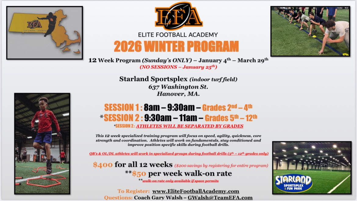 Introducing our 2026 WINTER PROGRAM

We have added 2 additional weeks to this program which has us on the field for 12 total Sundays, January-March!

This program sold out last year and we anticipate that happening again this year! 

Register today!
EliteFootballAcademy.com