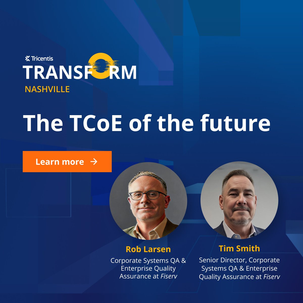 Tricentis's tweet image. Testing centers of excellence (TCoEs) aren’t relics—they’re the engines for driving quality.

At #TricentisTransform, learn from Fiserv leaders, Rob Larsen &amp;amp; Tim Smith, how the world’s leading organizations are bringing TCoEs back and why you should too: bit.ly/46IL0iL
