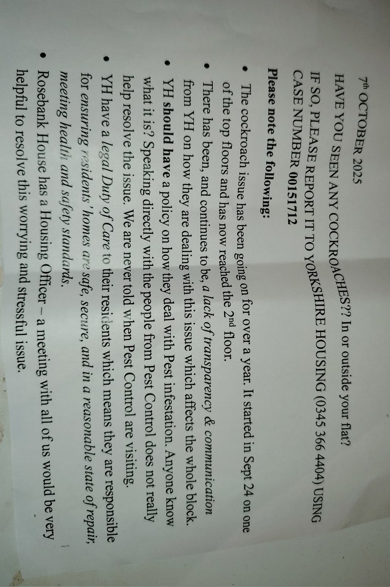 KatMH1987's tweet image. Below is a note from a neighbour telling me Roaches have now spread to the 2nd floor of my building!

This is what happens when your landlord doesn't give a "Roaches' Ass" about your living conditions, but they still demand rent. 🤬
#livingcondition #landlordproblems #cockroaches