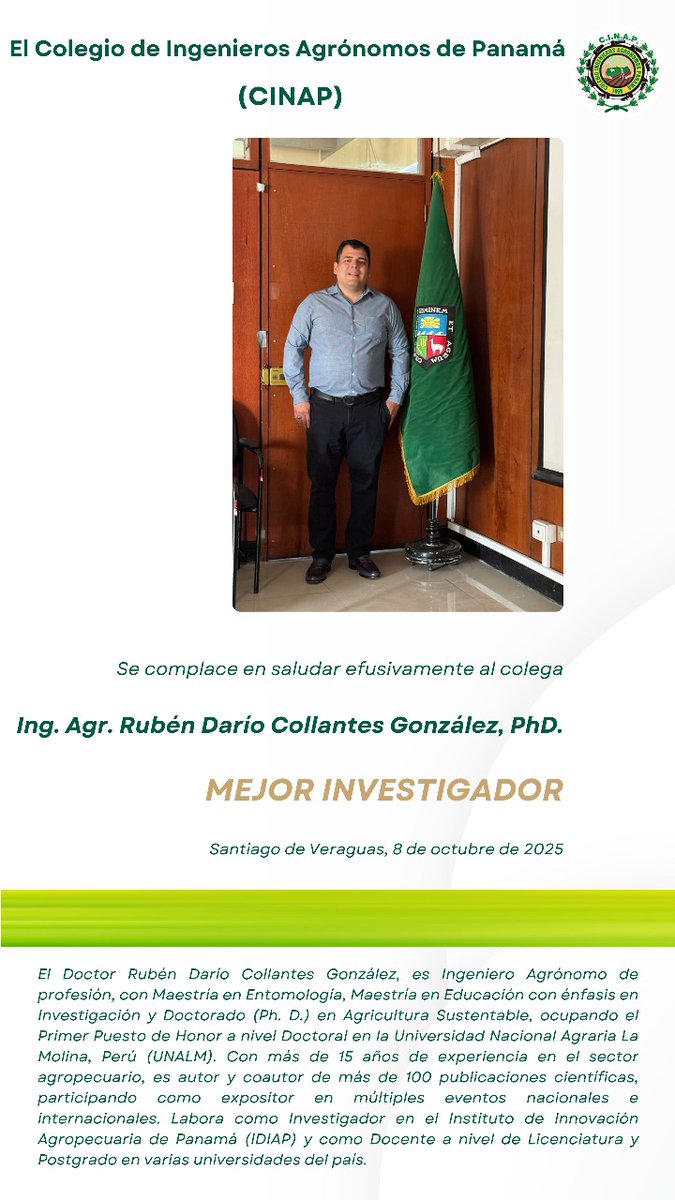 CinapPanama's tweet photo. @CinapPanama felicita a sus agremiados: Ing Lisbeth Guevara, Mejor Extensionista y al Dr. Rubén Collantes, Mejor Investigador otorgados por @MIDAPma en Santiago de Veraguas, hoy 8 de octubre de 2025. / @ECOSDELAGRO @ElAgroAhora @PyCAgro https://t.co/LgUsLC4RgJ
