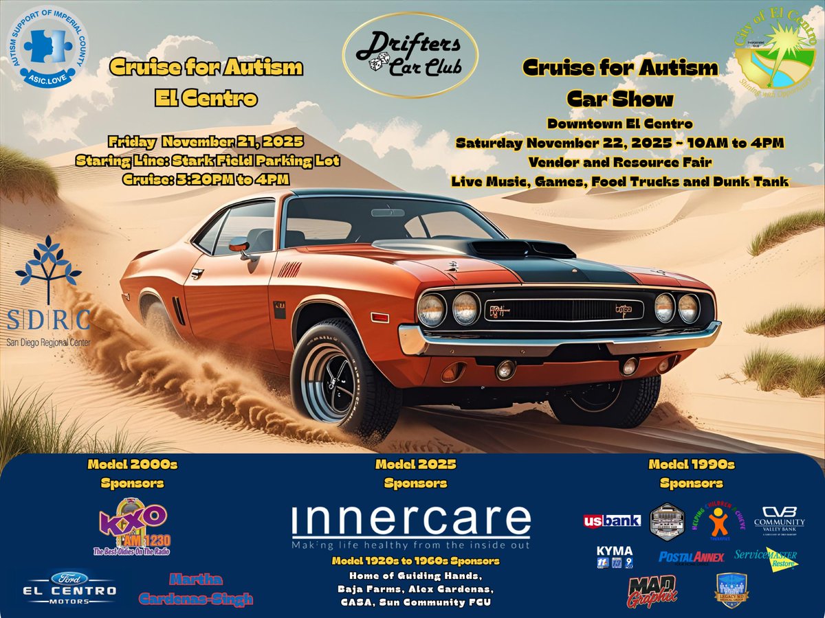 Imperial Valley, show your support for autism! Attend the El Centro Cruise for Autism and enjoy live music, games, and food. 🚗

🗓️ Saturday, November 22nd
🕙 10am-4pm