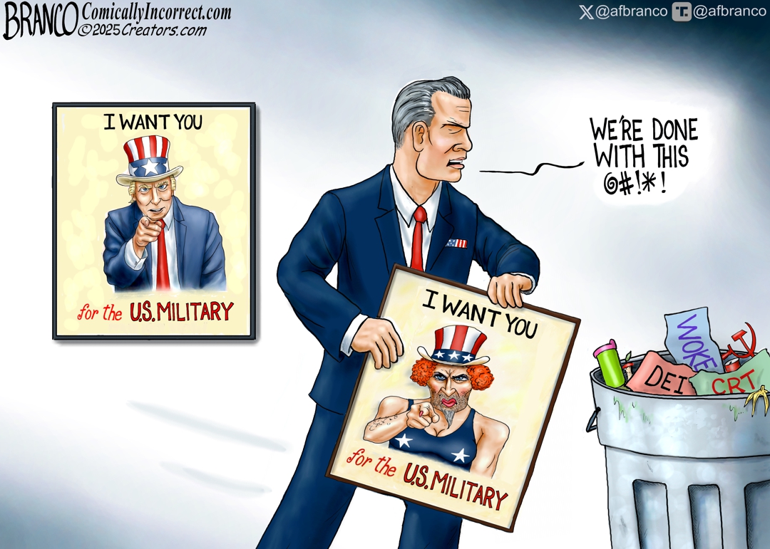 A.F. Branco Cartoon – Sec. Hegseth has removed the woke nonsense from the military, moving to a merit-based structure, saying, “we’re done with that sh-t”.
comicallyincorrect.com