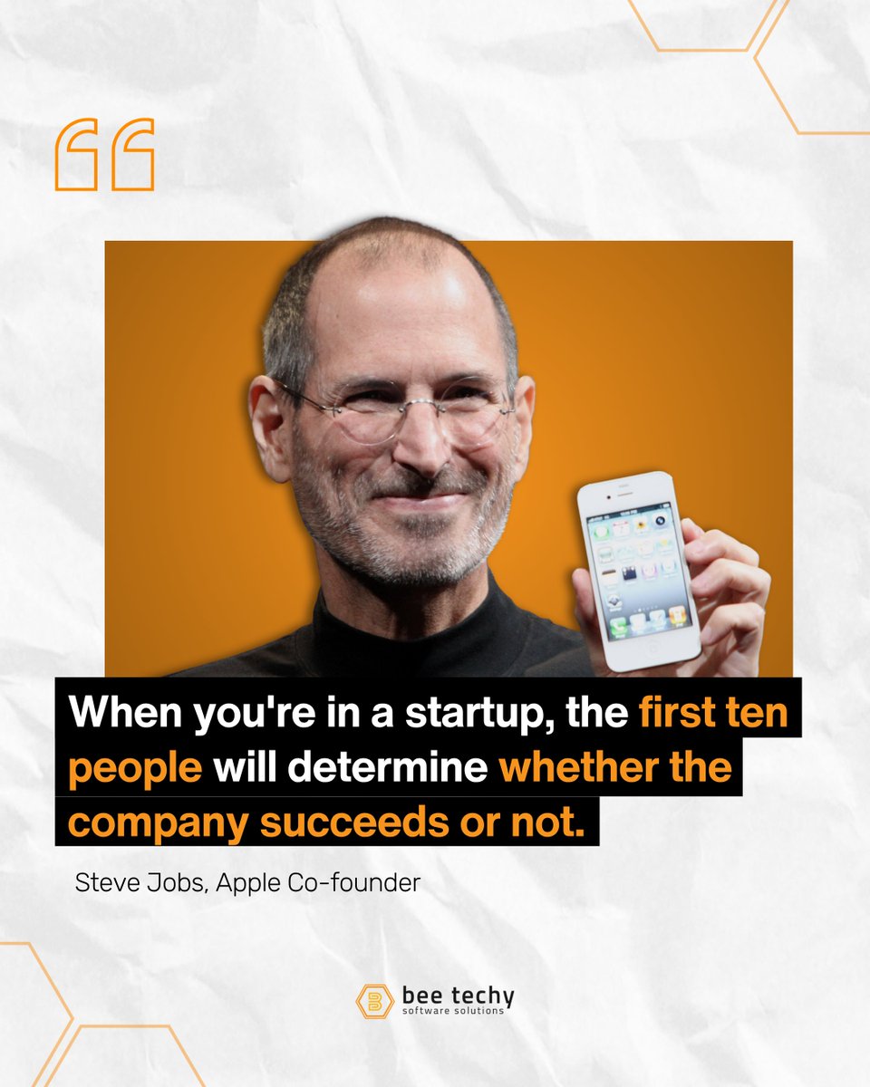 beetechyllc's tweet image. The first ten people define everything. 🐝
As Steve Jobs said, “They determine whether the company succeeds or not.”
#BeeTechy #FounderMindset #StartupLife #Leadership