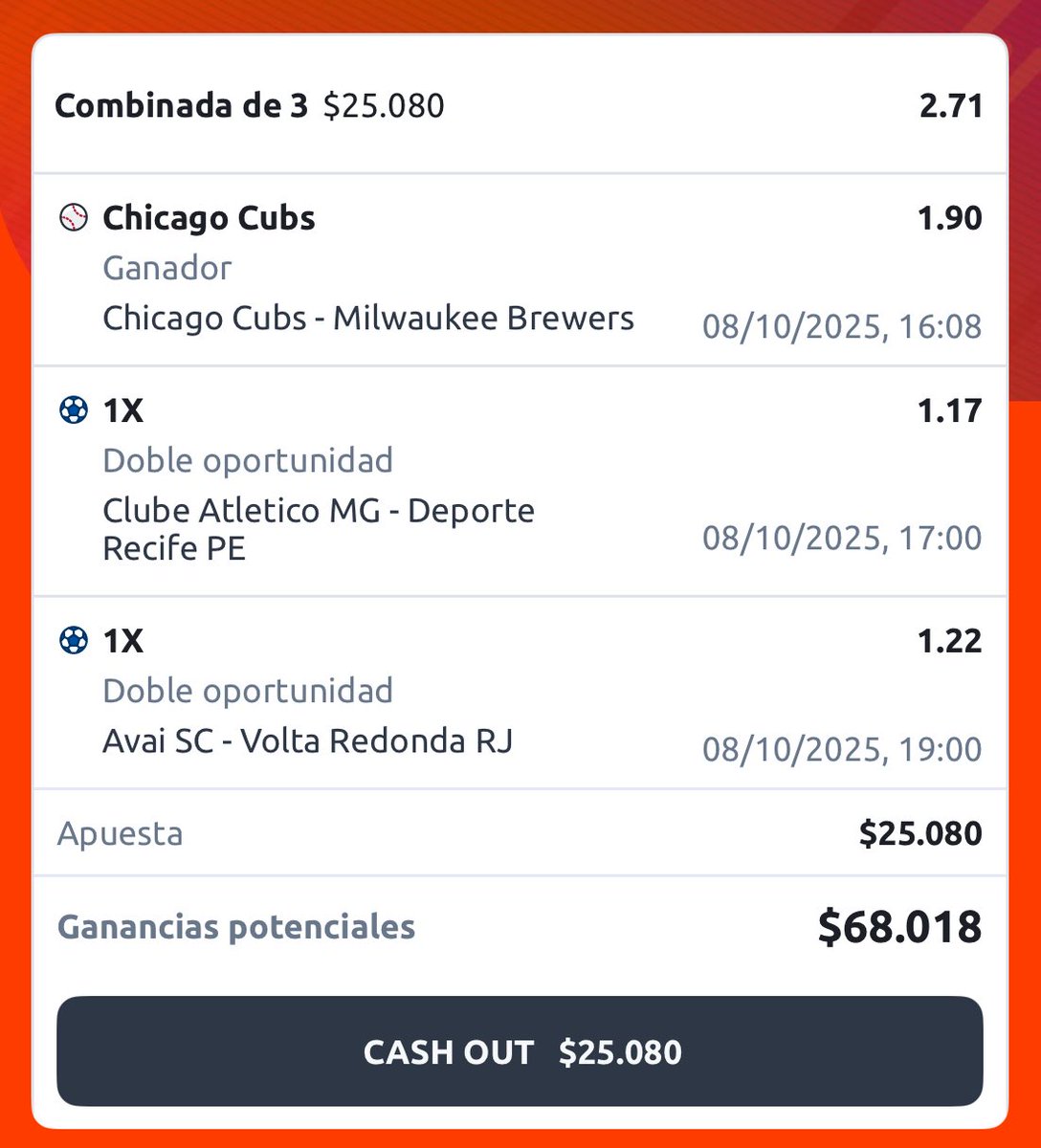 JoePicksWin's tweet photo. #JoePicks Paso 2️⃣🔥

Vamos con el segundo paso de nuestro reto, ayudando a crear un bank desde 0 🤩

10.000 ➡️ 1’000.000 💣

Paso 2️⃣ 🍀

⚾️ Chicago Cubs ML 🍀
⚽️ Mineiro o empate 🍀
⚽️ Avai o empate 🍀 https://t.co/LC4vEf2wyt