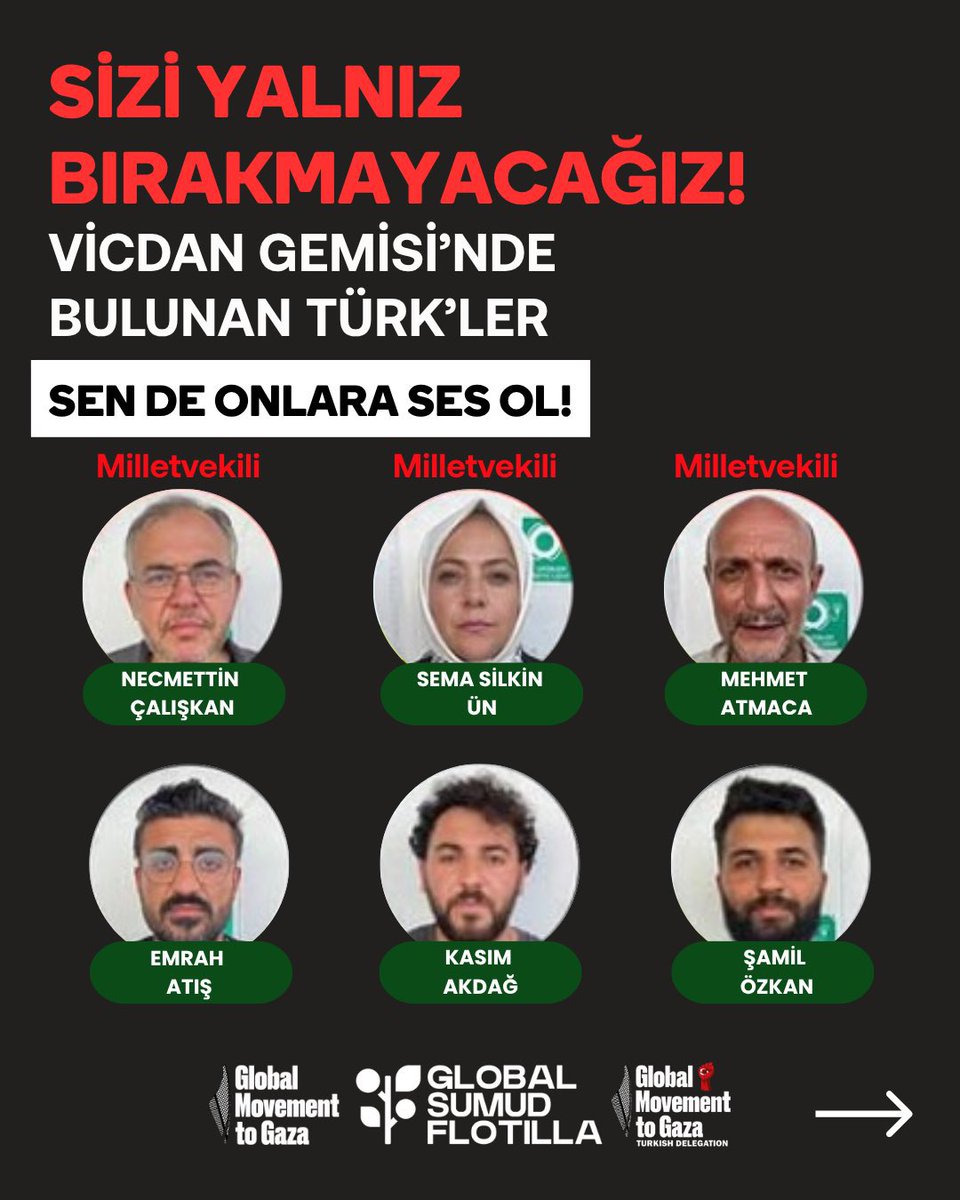 vicdangemisi's tweet image. Sizi Yalnız Bırakmayacağız

Vicdan Gemisinde Bulunan 16 Türk Vatandaşımız. 

Sen De Onlara Ses Ol!

Uyuşturucu Ankara&apos;da Öcalan
#FBvVB sallandık Mansur Yavaş
#gazze #FreedomFlotilla #VicdanGemisi