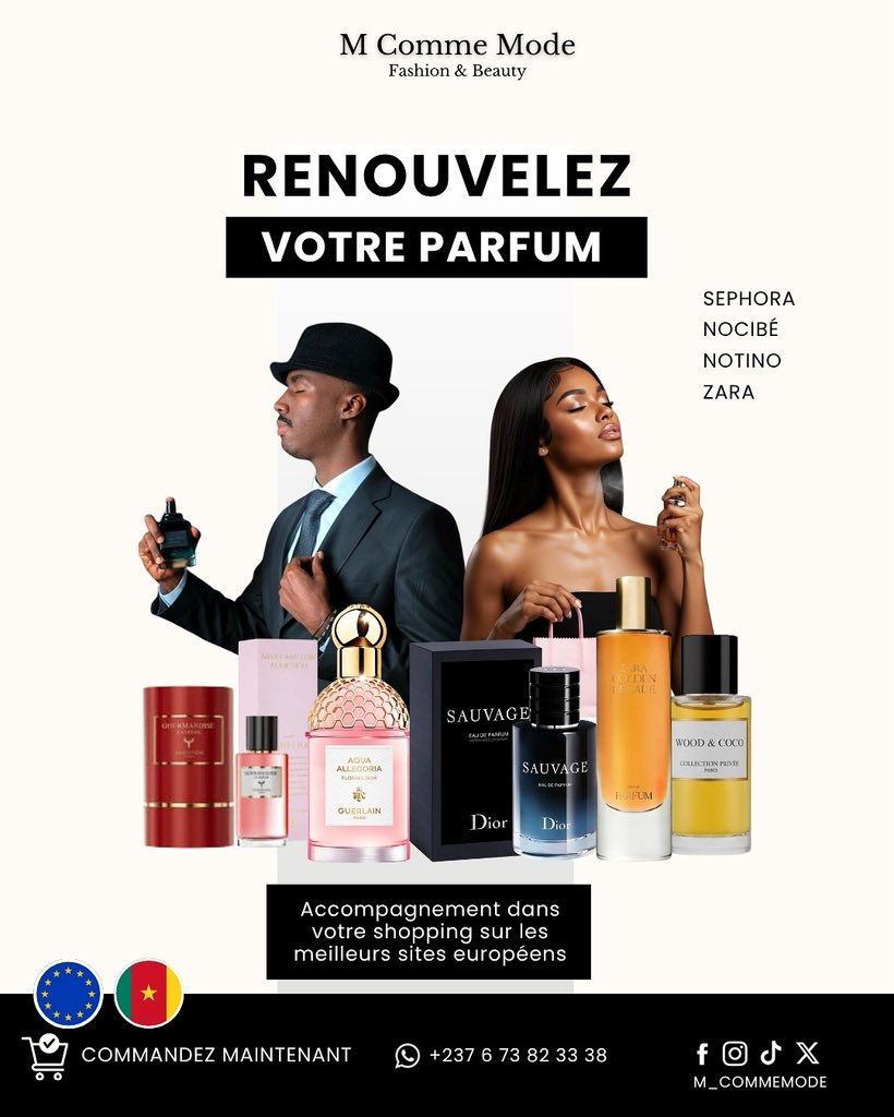 ✨ Votre parfum fait partie de votre identité : il révèle votre présence et laisse une empreinte unique.
Avec M Comme Mode, accédez aux fragrances européennes qui allient qualité et bon prix.

Livraison après quelques jours au Cameroun.

#MCommeMode #parfums #MarquesEuropeennes