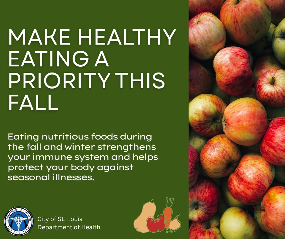 CityofSTLDOH's tweet image. Fall Nutrition Spotlight 🍎

Seasonal produce, such as squash, apples, and leafy greens, supports immunity and overall health. Add them to meals this fall! 

 #FallNutrition #EatHealthy #CommunityHealth #STLDOHCares #PublicHealth