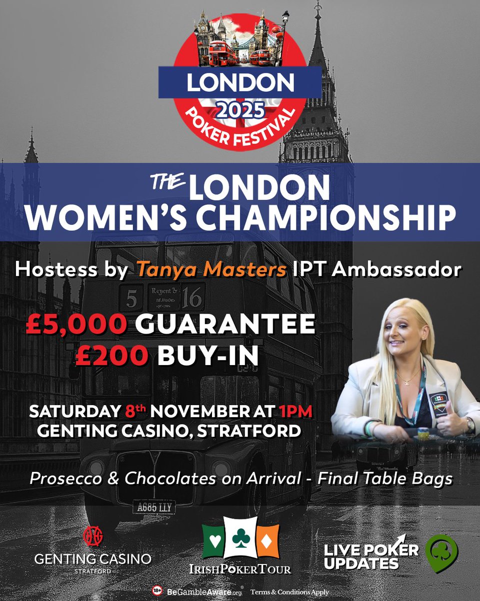 🇬🇧 London Women's Championship is Back 🔥
Saturday 8th November 2025 at 1pm Genting Casino, Stratford! 
<a href="/IrishPokerTour/">Irish Poker Tour</a>

✅£5,000 Guaranteed
✅ Prosecco &amp; Chocolate on arrival 
✅ Final Table Bags
✅ Lots of Craic

#IrishPokerTour #londonpokerfestival #PokerQueens #WomensPoker