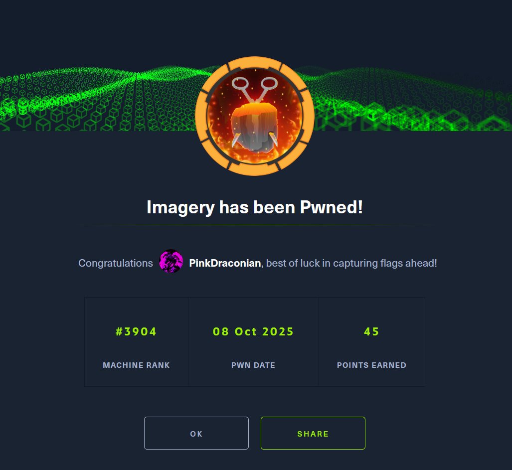 PinkDraconian's tweet image. What a fun evening pwning the Imagery box from #HackTheBox 🟩

I can highly recommend this machine. It&apos;s loads of fun!
