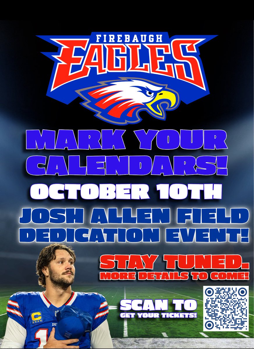 PAGMETER's tweet photo. The @FirebaughEagles are dedicating their field to @JoshAllenQB this Friday night! 🏈🔥
Be there for this special night honoring a legendary former Eagle 🦅
@EagleMan559 @FHSeaglesports @JoeDelBosque @BuffaloBills 
@Kromero21 https://t.co/FKlYnmWGSu