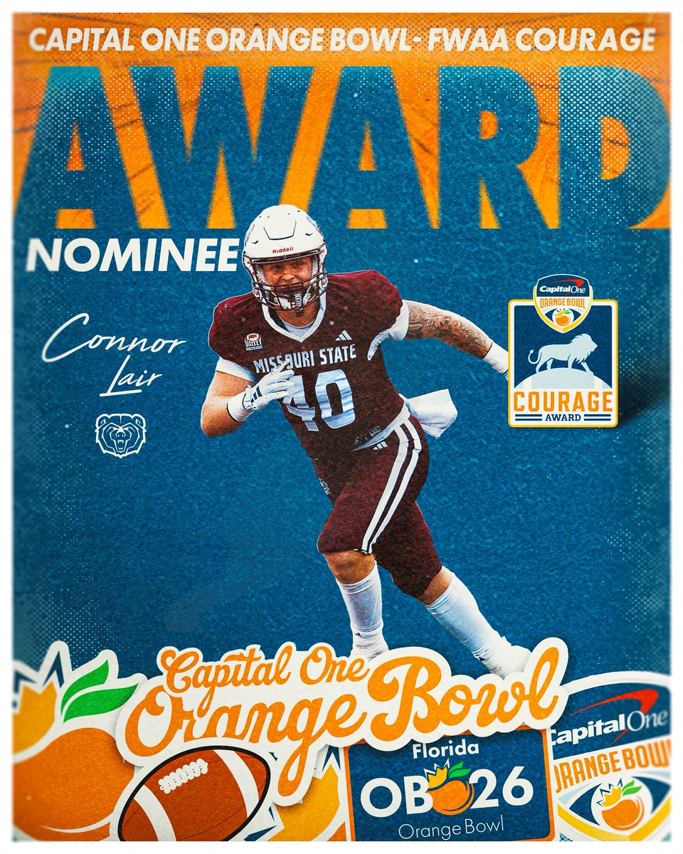 . <a href="/MoStateFootball/">Missouri State Football</a>’s Connor Lair is this week’s nominee for the 2025 Capital One Orange Bowl-<a href="/TheFWAA/">Football Writers Association of America</a> Courage Award. 

Lair, a redshirt junior fullback, beat stage four Hodgkin’s lymphoma to return to the field for the Bears.
