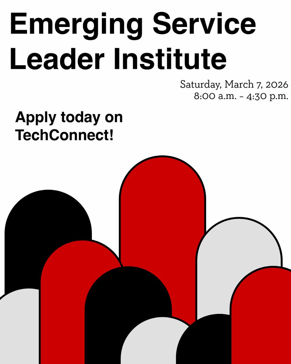 The Emerging Service Leader Institute is a one-day leadership experience designed to empower students.

📅 Saturday, March 7, 2026 | 🕗 8 AM–4:30 PM

Apply by Jan. 23, 2026: ttu.campuslabs.com/engage/submitt…